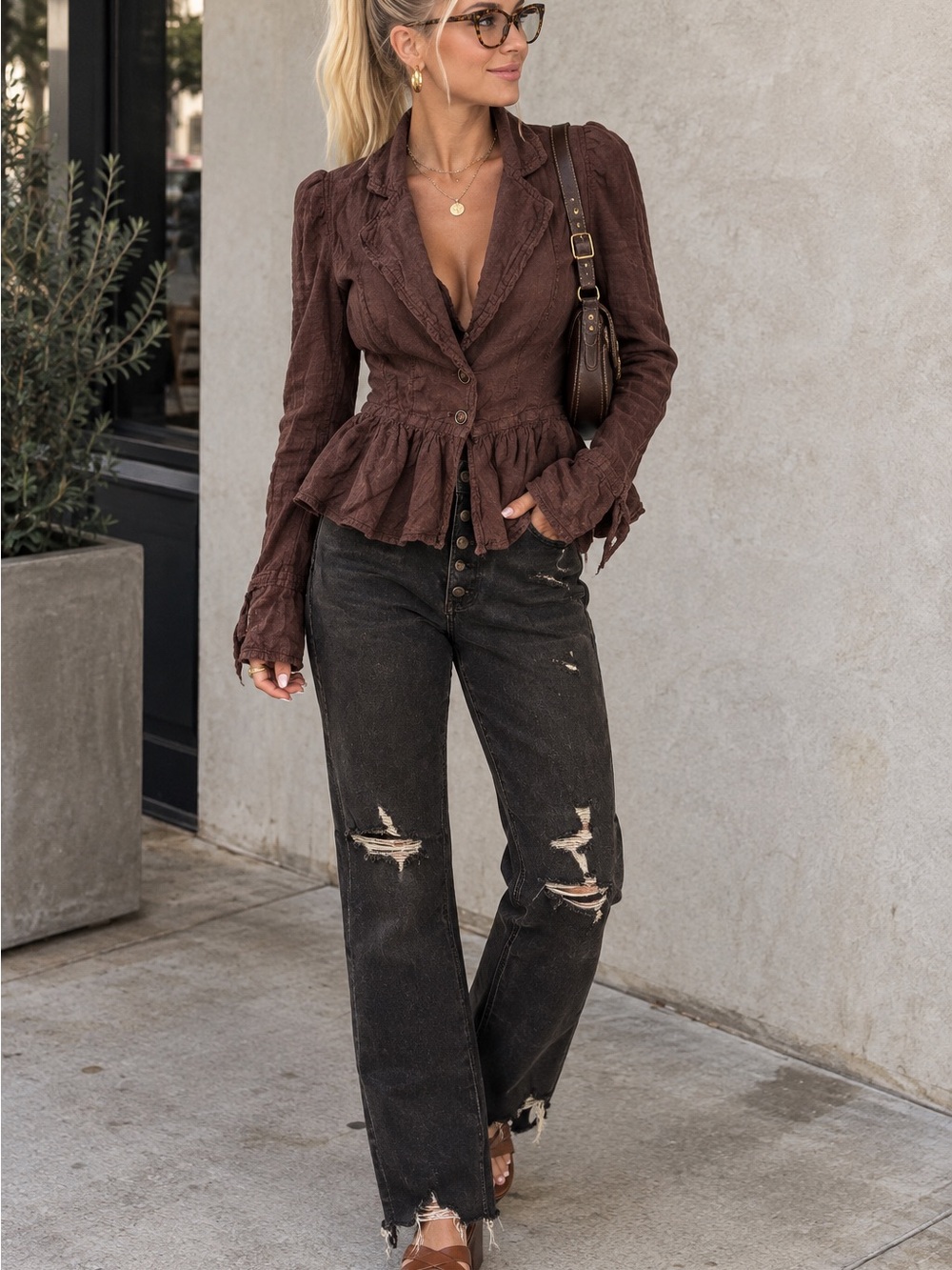Free People Brown Peplum Button-Front Blouse